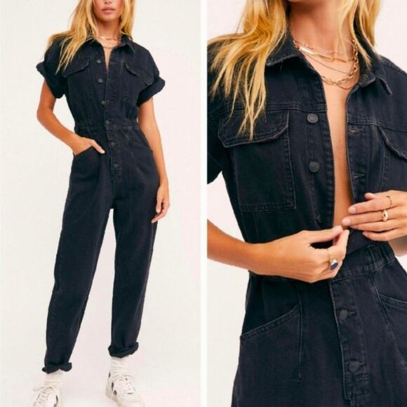 Free People Marci Denim Utility Jumpsuit Iron Black Size XL - Picture 1 of 1